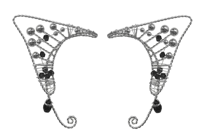 Silver wire elf ear cuffs with black beads fantasy elven ear wrap jewelry pair