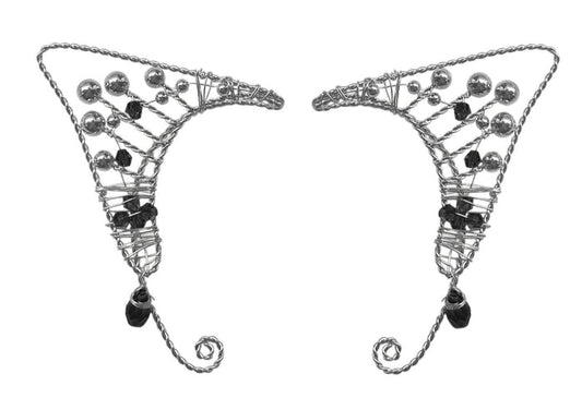 Silver wire elf ear cuffs with black beads fantasy elven ear wrap jewelry pair