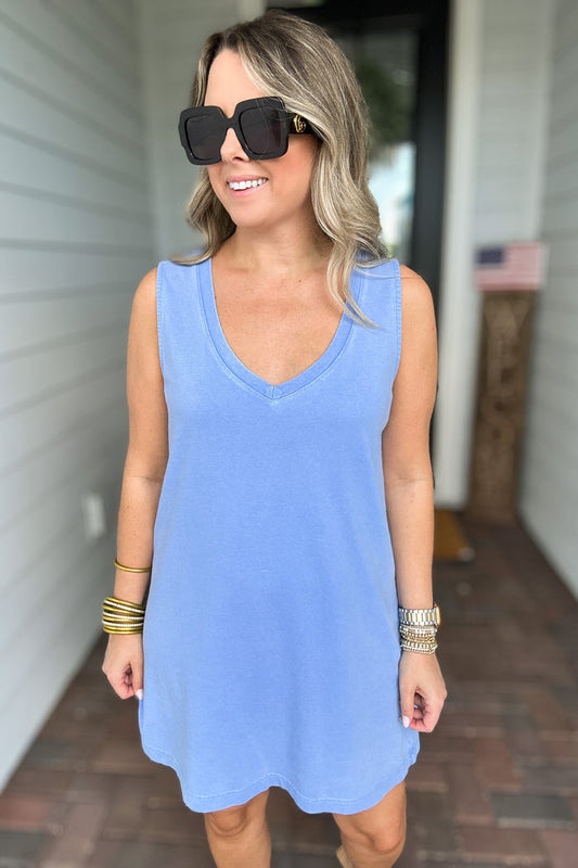 Z Supply: Sloane V-Neck Mini Dress -   Bay Blue - B Social Boutique