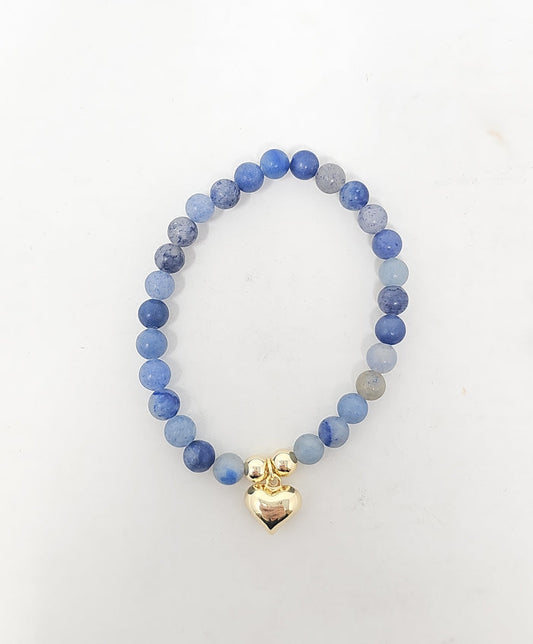 Zelly Blue Adventurine Beaded Gold Heart Charm Bracelet