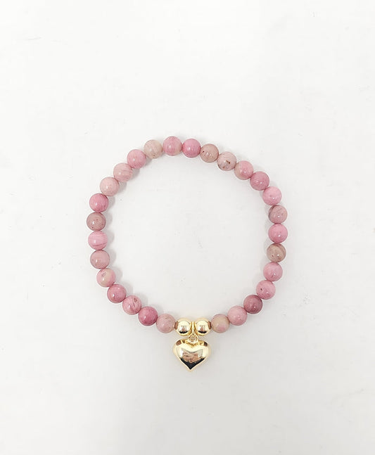 Zelly Rhodochrosite Beaded Gold Heart Charm Bracelet