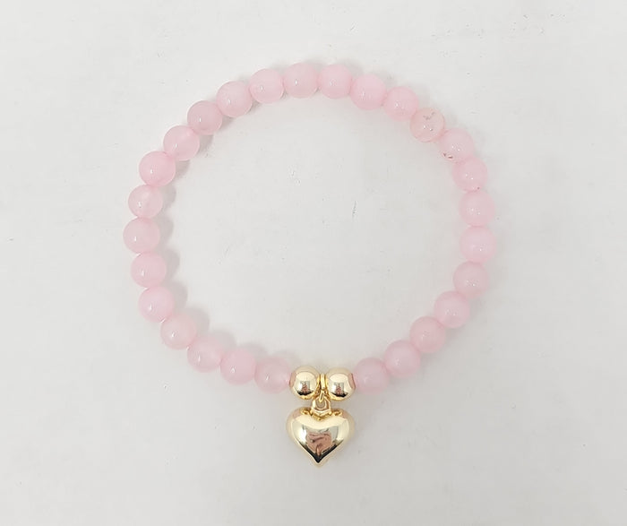 Zelly Rose Quartz Beaded Gold Heart Charm Bracelet